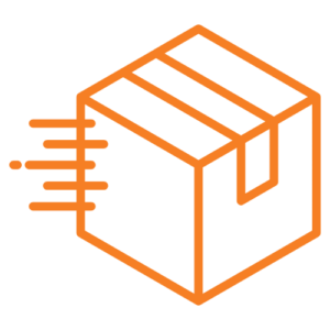 Orange line art of a moving delivery box with motion lines indicating fast shipping.