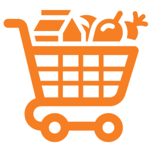 Orange shopping cart icon filled with groceries including bread and fruits.