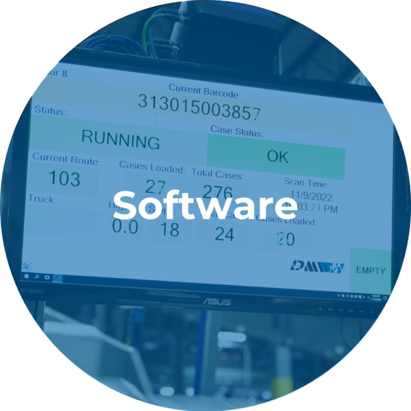 Screen showing barcode scanner software with status running and case status OK in a warehouse.