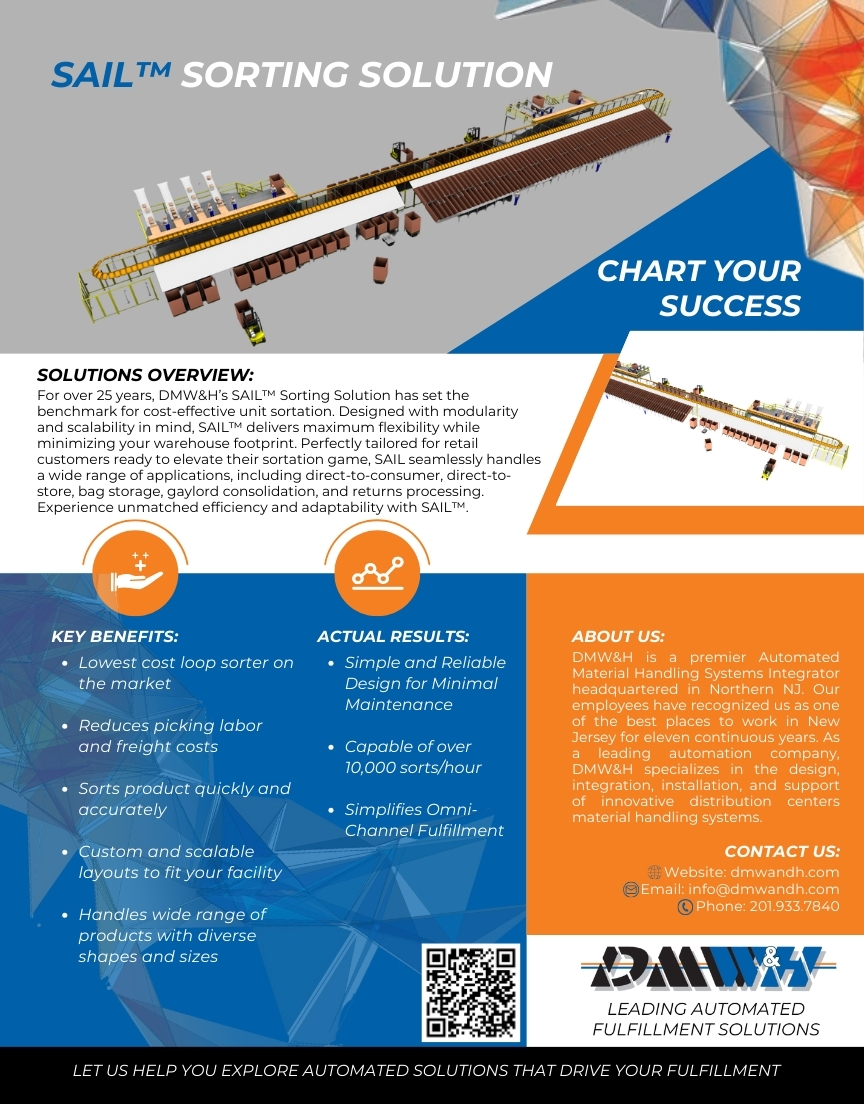 Brochure of SAIL sorting solution with conveyor system image, key benefits, results, about, and contact info.