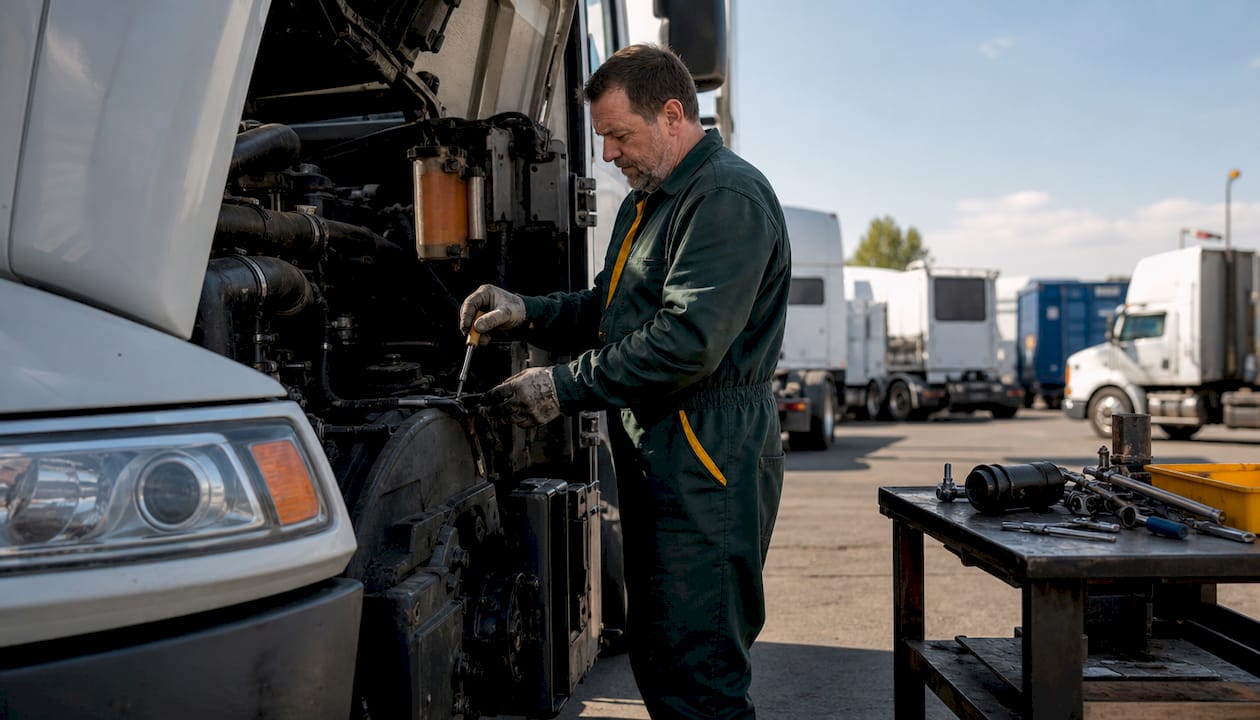 Mechanic inspecting semi-truck engine in garage