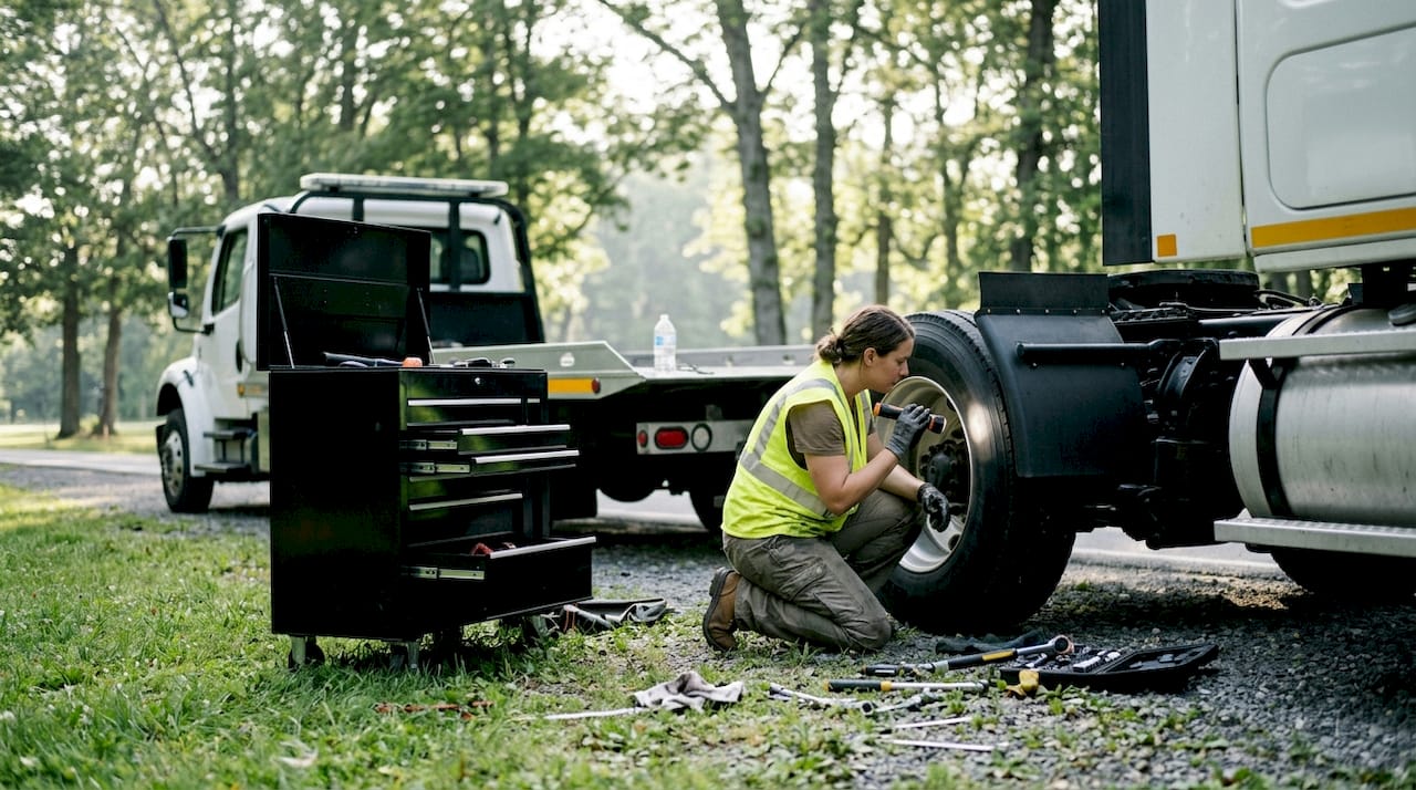 Mobile mechanic repairing truck at roadside