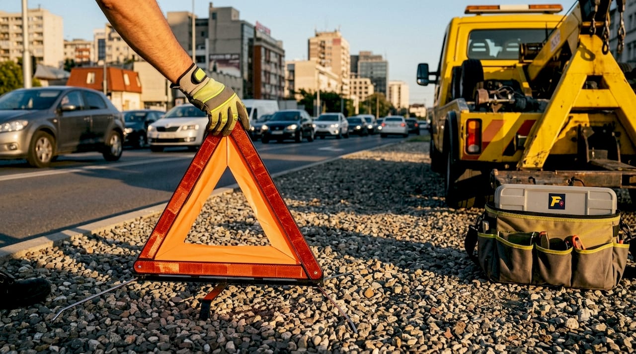 Hand setting reflective triangle near truck tire