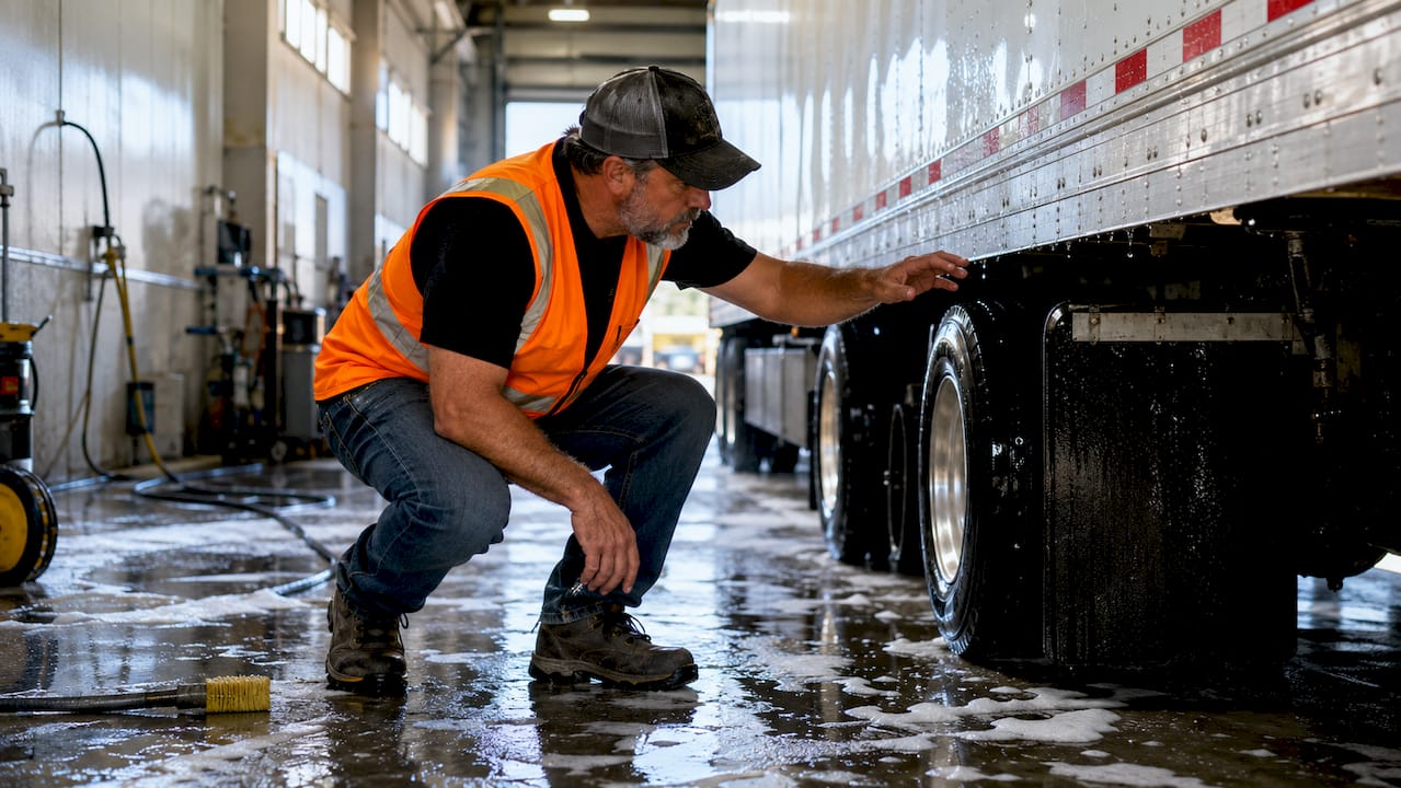 Truck driver inspecting washed semi-truck exterior