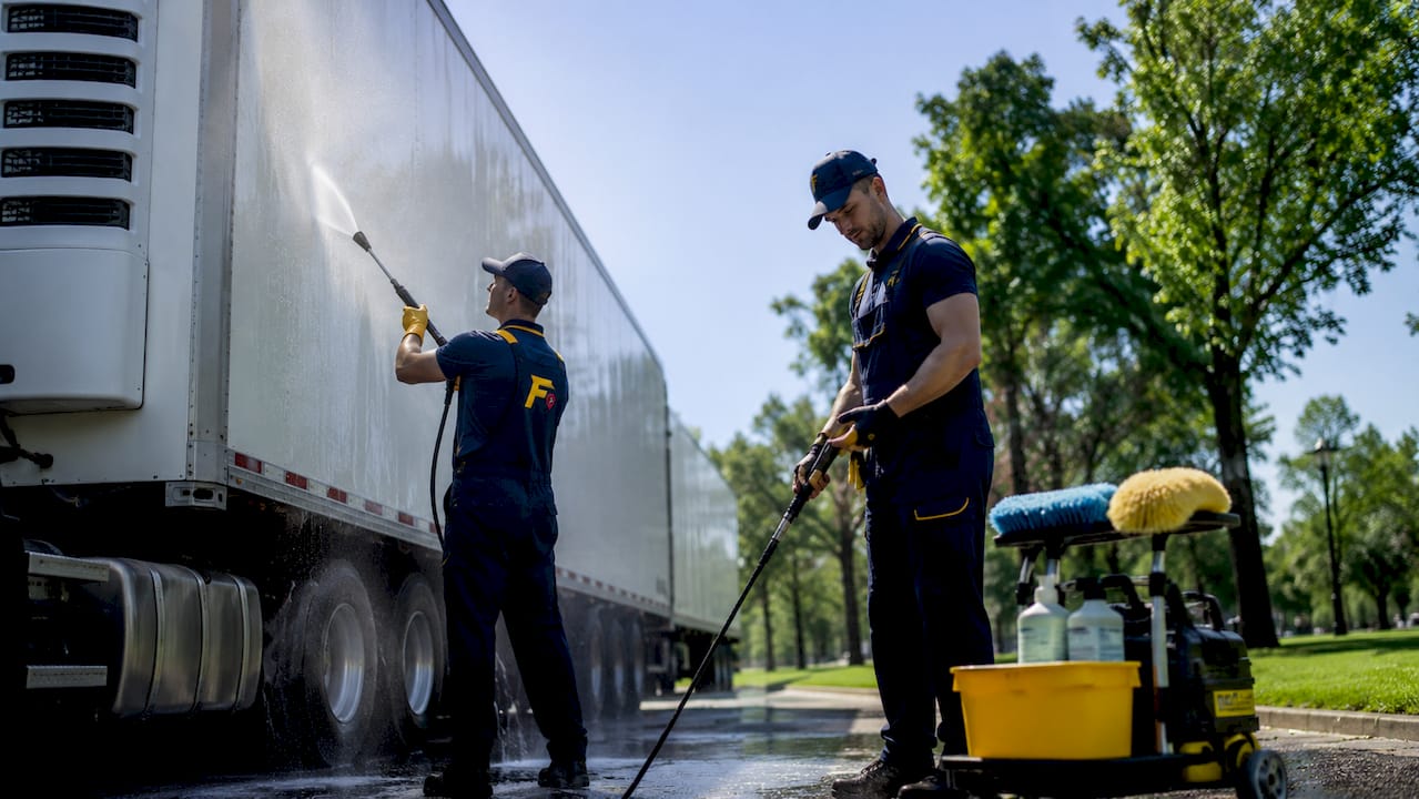 Mobile crew washing refrigerated semi-trailer at yard