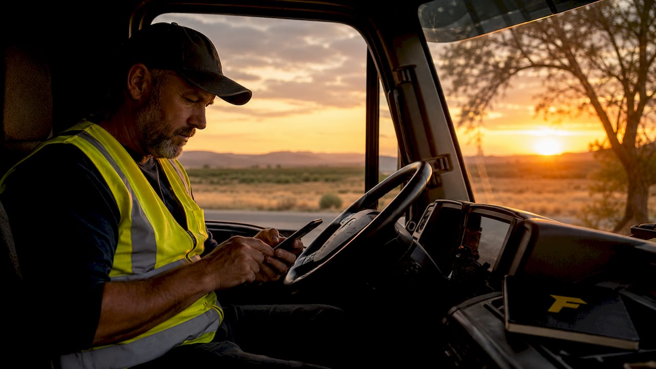 Truck driver using road service app in cab