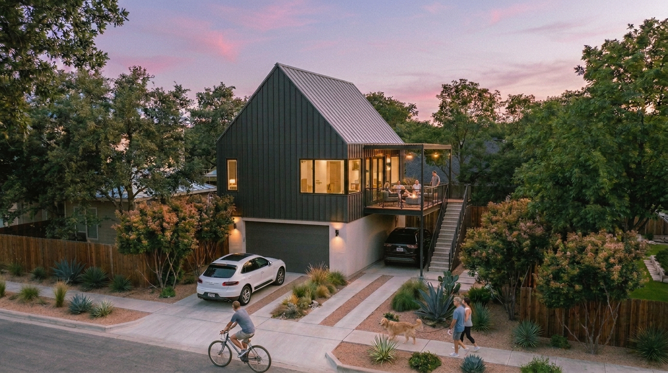 A beautiful home rendering, with large windows, yard, and a car parked in driveway.
