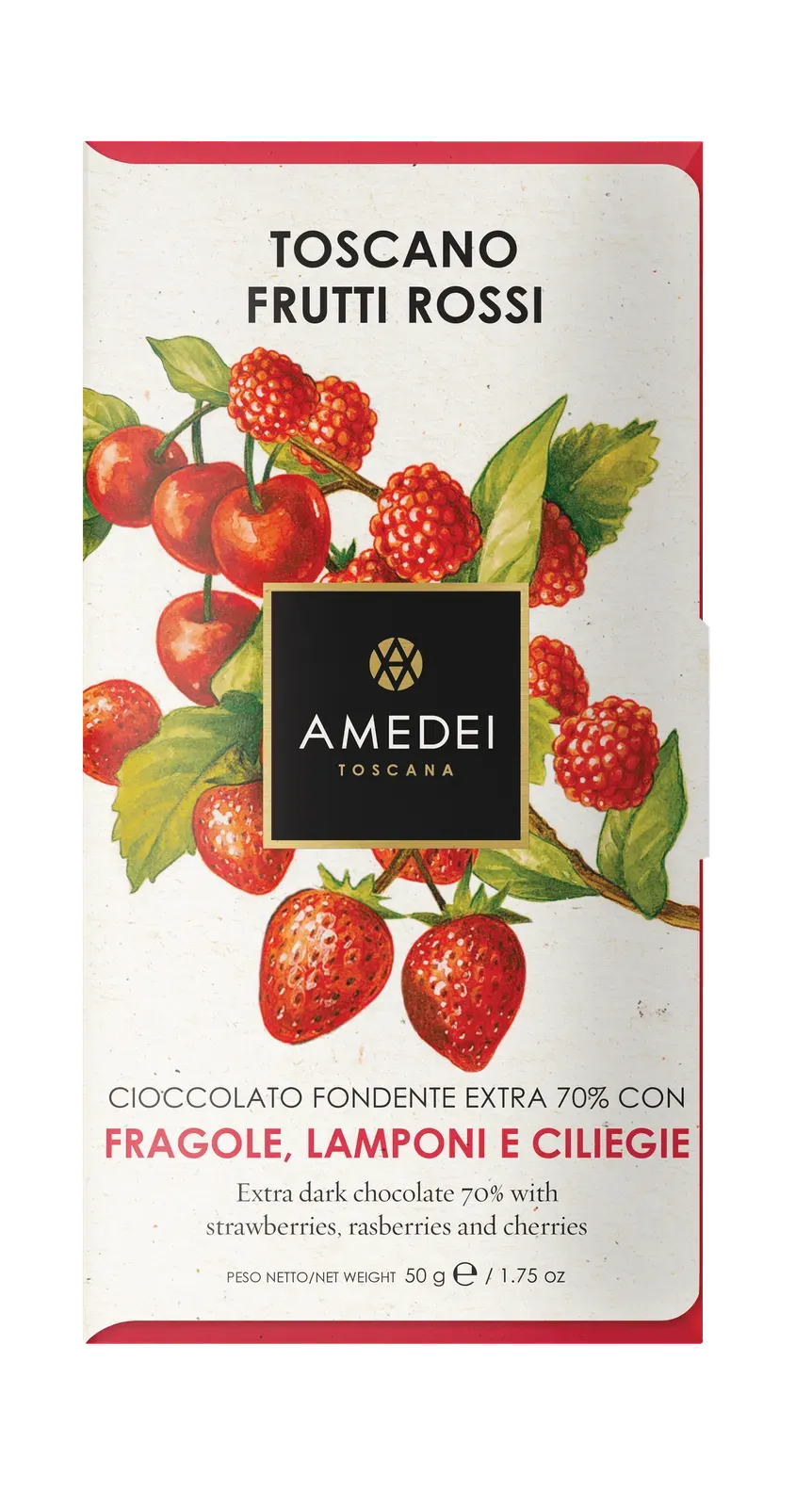 Amedei Toscano Red 70% Extra Dark Chocolate with Strawberries, Raspberries & Cherries