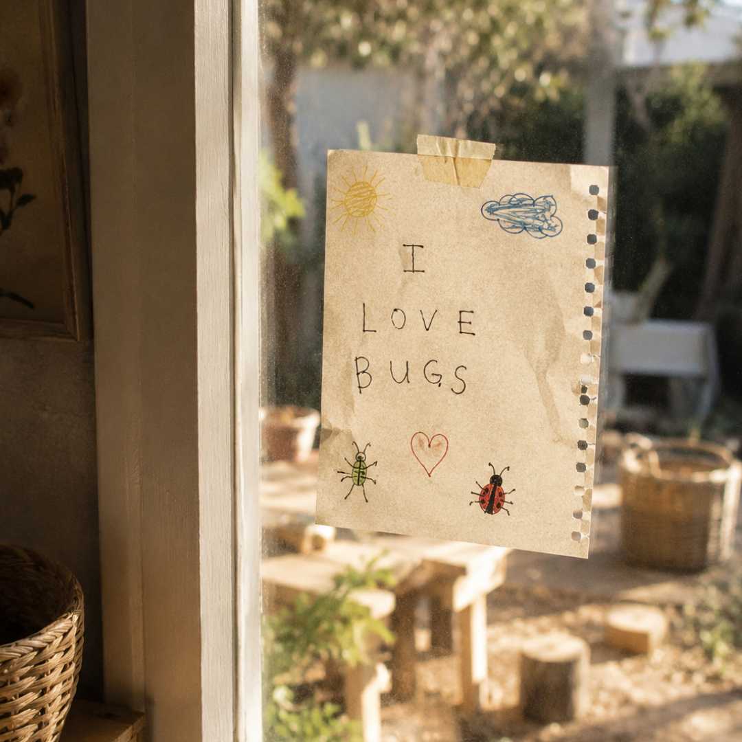 Child's handwritten note reading "I love bugs" with drawings, displayed in a window
