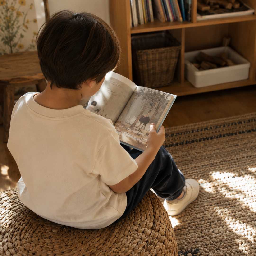 Child reading a book in a Montessori-style classroom