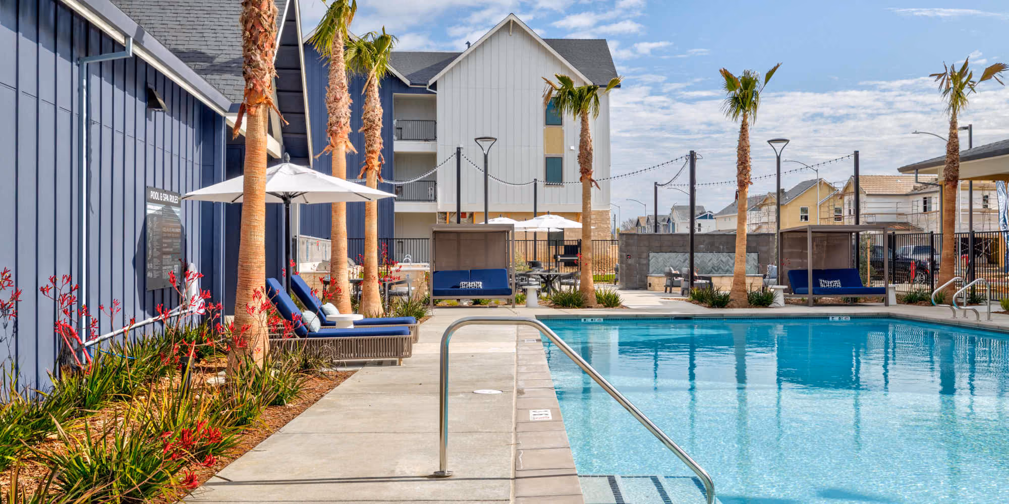 Swimming pool with lounge chairs and palm trees