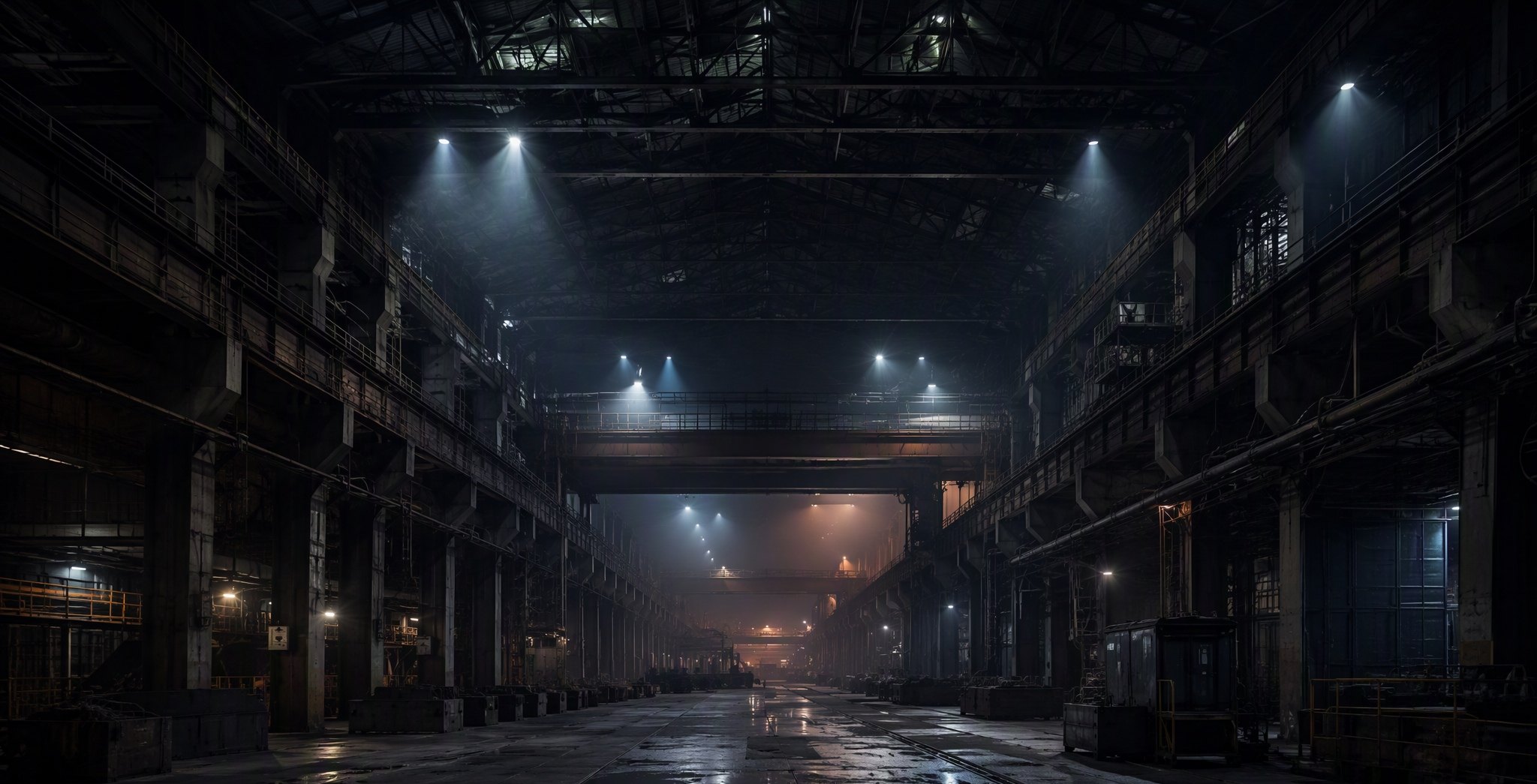 Vast dark mill bay with machinery silhouettes at Line Nine