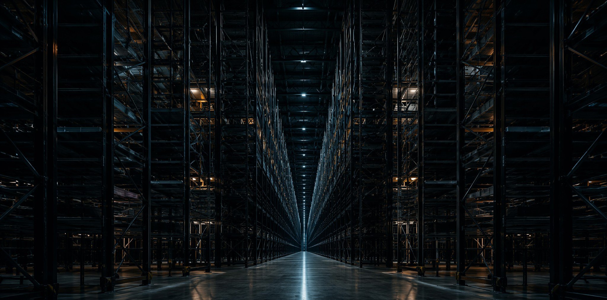 Dark high-bay automated racking hall at Meridian Logistics
