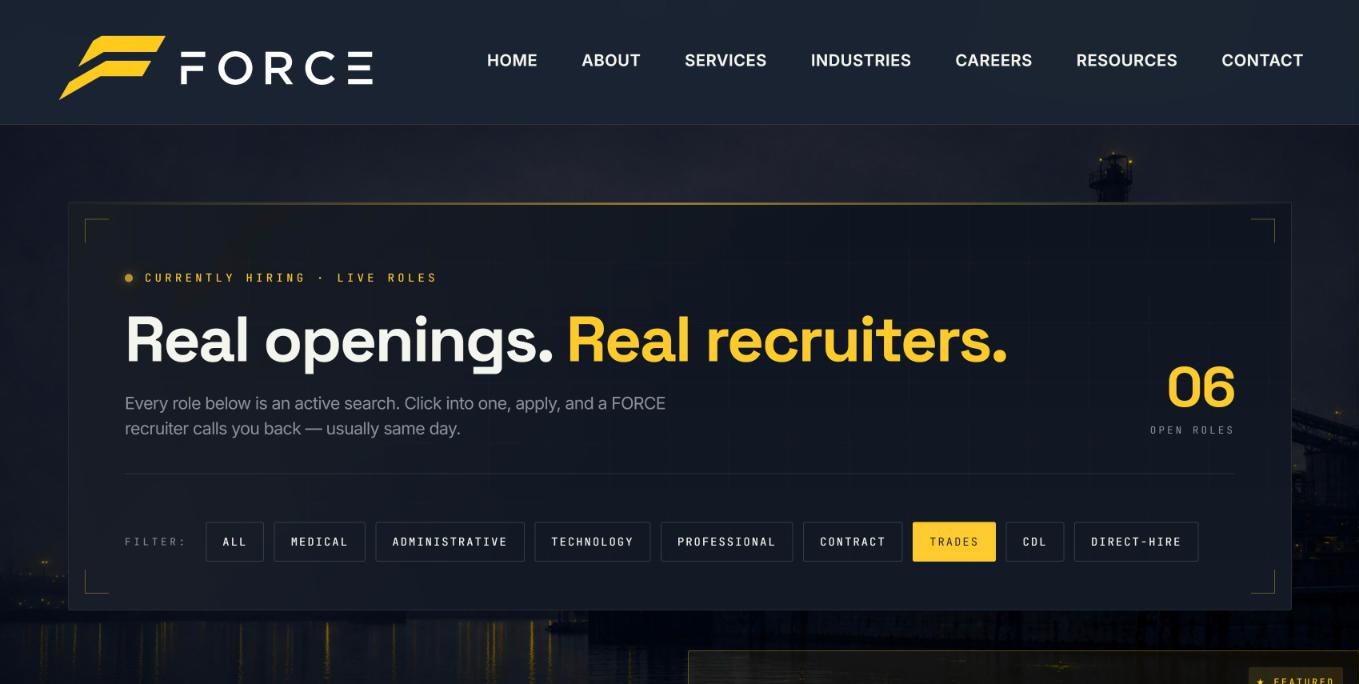 FORCE careers page — job listings organized by category