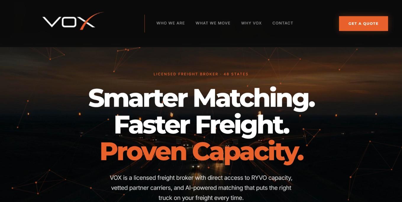 VOX freight brokerage website — opening