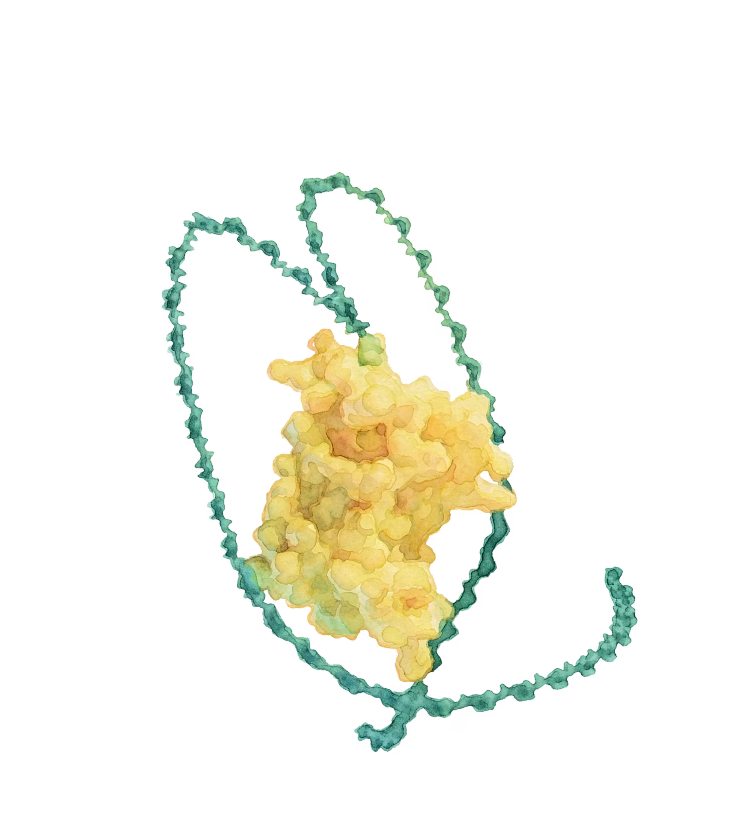 Watercolor necklace with a textured yellow pendant on a beaded blue-green chain.