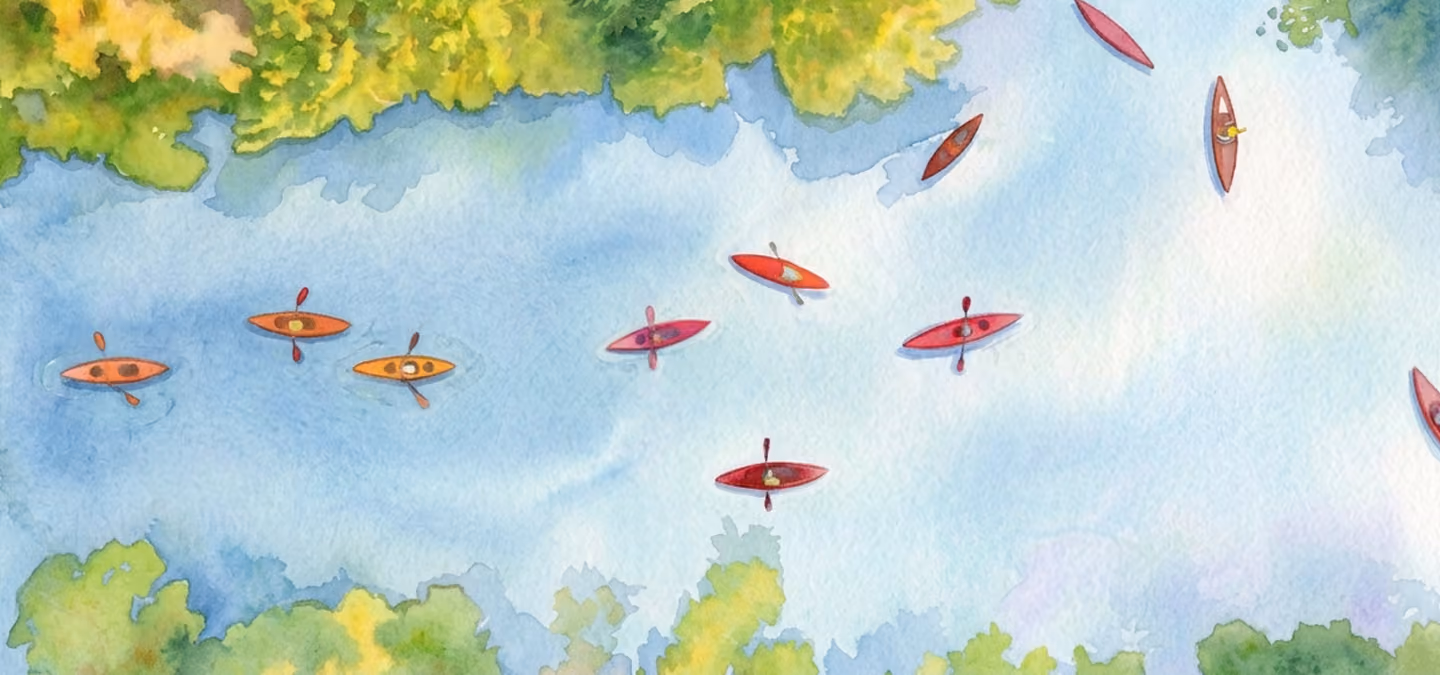 Top view painting of kayakers paddling a blue river surrounded by green trees and foliage.