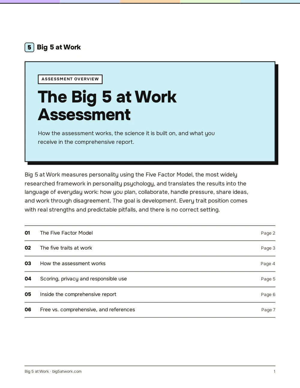 Cover of the Big 5 at Work Assessment overview PDF