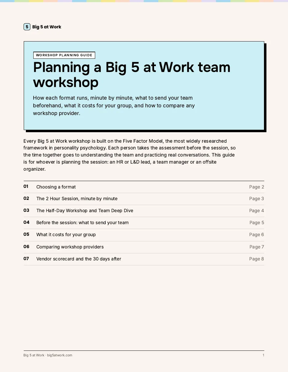 Cover of the Big 5 at Work Workshop Planning Guide