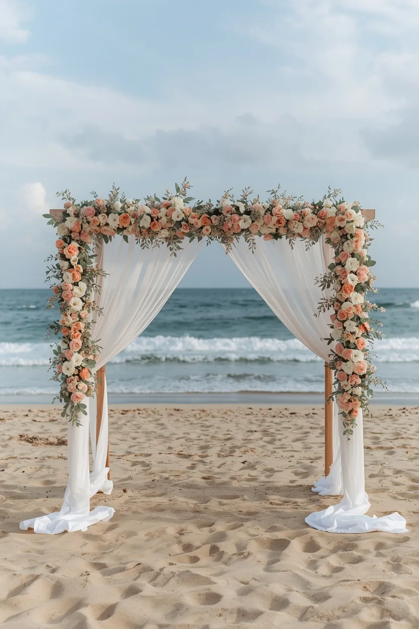 Beach wedding with a flower arch and drapes by the ocean in Bali
