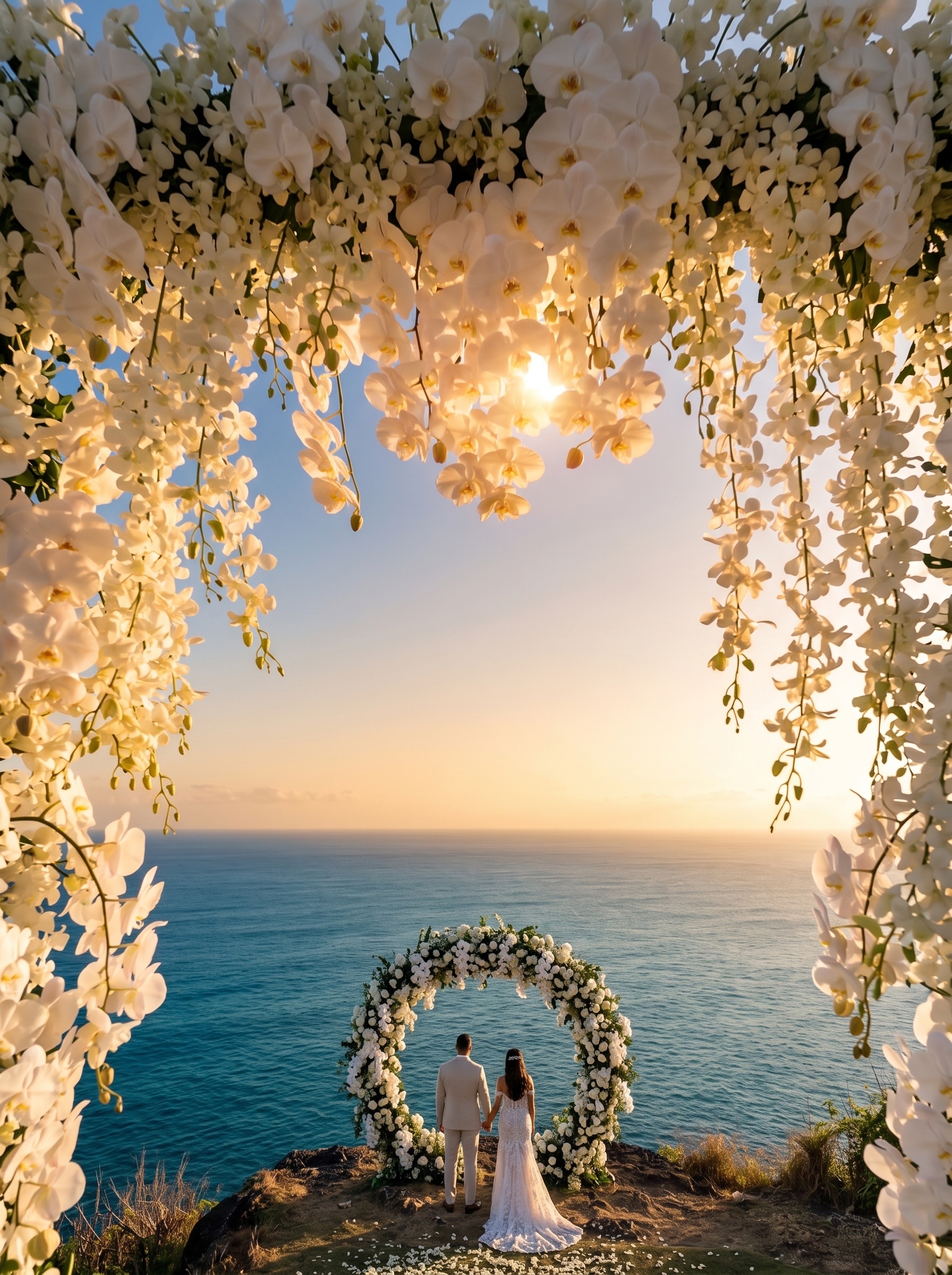 Bride and groom at a cliff-top flower arch in Bali