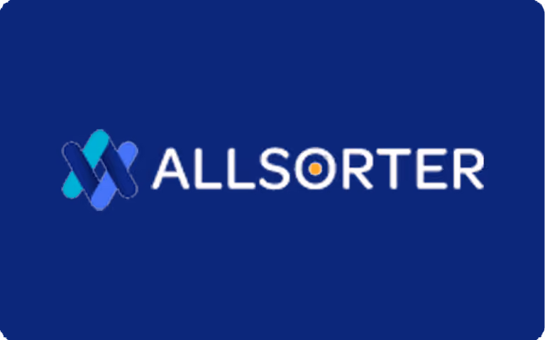 ALLSORTER logo with stylized overlapping blue and turquoise shapes to the left and the text ALLSORTER in white with the letter O containing a small orange circle inside, set on a dark blue background.
