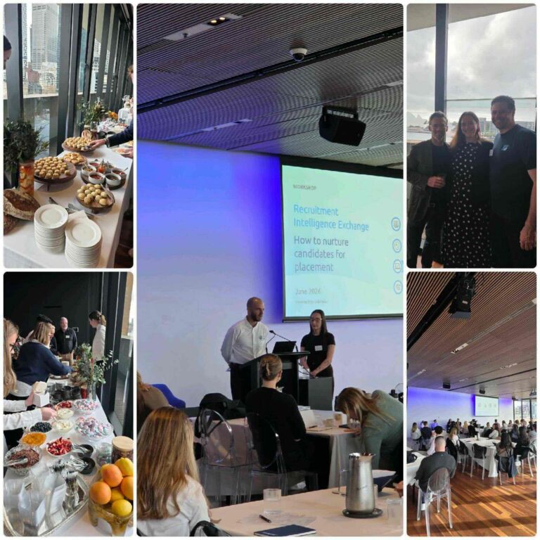 Collage of images from a professional event showing a presentation room with attendees seated facing speakers at a podium with a screen displaying 'Recruitment Intelligence Exchange: How to nurture candidates for placement, June 2024.' Additional images show a buffet table with snacks and fruits, and three people posing for a photo near large windows overlooking a cloudy cityscape.
