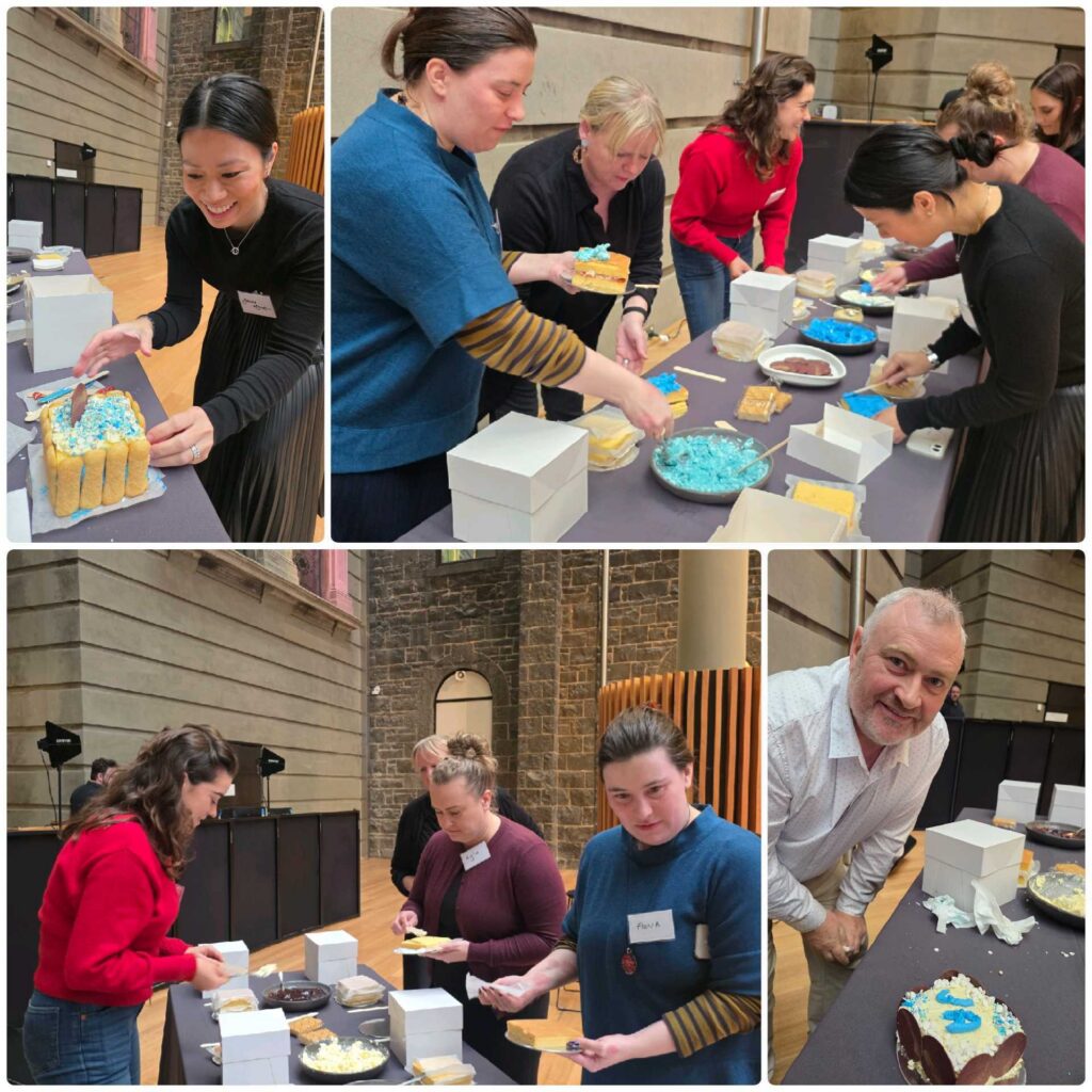 Collage of four photos showing a group of people decorating and assembling cakes at a table indoors, with blue icing and cake layers visible.