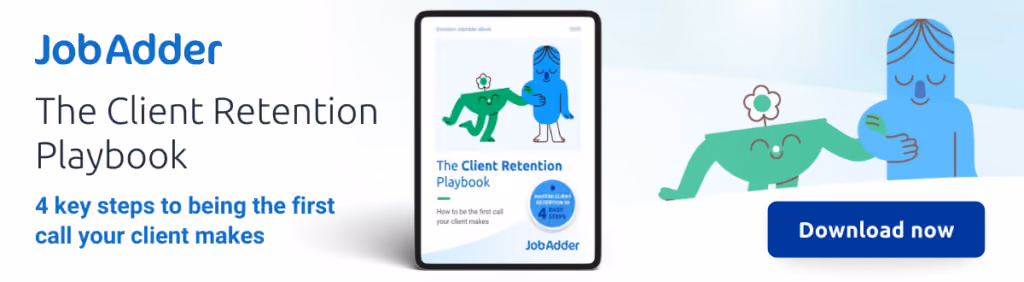 JobAdder advertisement for The Client Retention Playbook featuring a tablet displaying the playbook cover with cartoon characters and text highlighting 4 key steps to being the first call your client makes, with a blue 'Download now' button.
