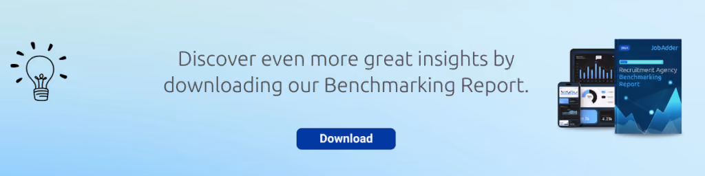 Light blue background with a light bulb icon on the left, text in the center reading 'Discover even more great insights by downloading our Benchmarking Report,' a blue rectangular 'Download' button below, and images of a smartphone, tablet showing analytics charts, and a report cover titled 'Recruitment Agency Benchmarking Report' on the right.