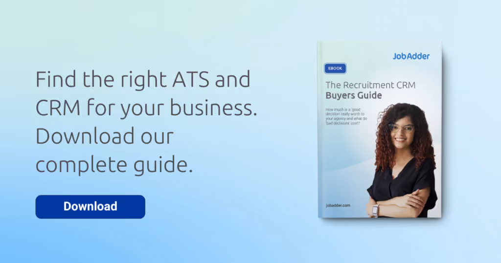Advertisement for JobAdder's Recruitment CRM Buyers Guide eBook featuring a smiling woman with glasses and curly hair on the cover, alongside text inviting users to find the right ATS and CRM for their business and download the complete guide, with a blue download button below.