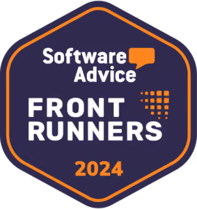 Hexagonal badge with orange border featuring the text Software Advice Front Runners 2024, with an orange chat bubble icon and dot pattern on a dark blue background.
