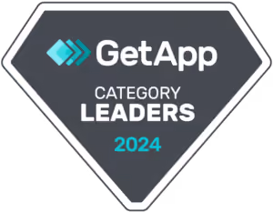 GetApp Category Leaders 2024 badge with a diamond shape and blue and white text on a dark background.
