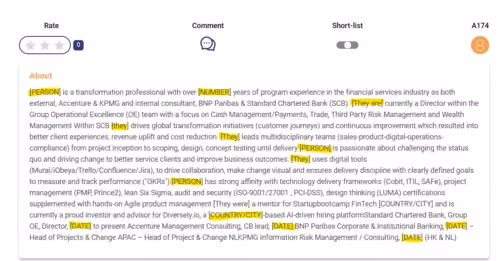 A professional profile text describing a transformation leader with extensive experience in financial services, currently a director in a global operational excellence group focused on payments and trading, driving digital transformation initiatives and customer journeys, using digital tools for process improvement, collaborating across divisions to meet goals and KPIs, managing projects and investors, and advising on partnership standards with global financial institutions.