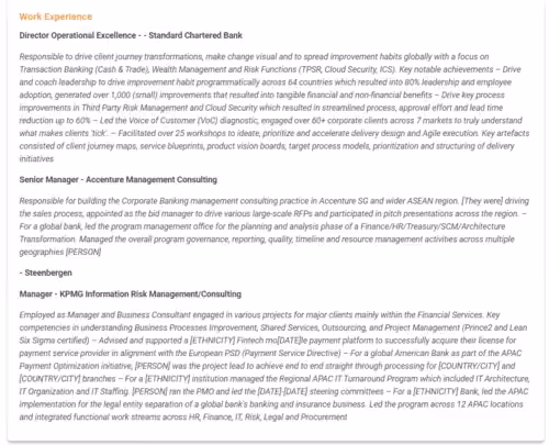 Text listing work experience for roles at Standard Chartered Bank, Accenture Management Consulting, and KPMG Information Risk Management/Consulting, describing responsibilities and achievements in operational excellence, corporate banking management, and business process improvement.