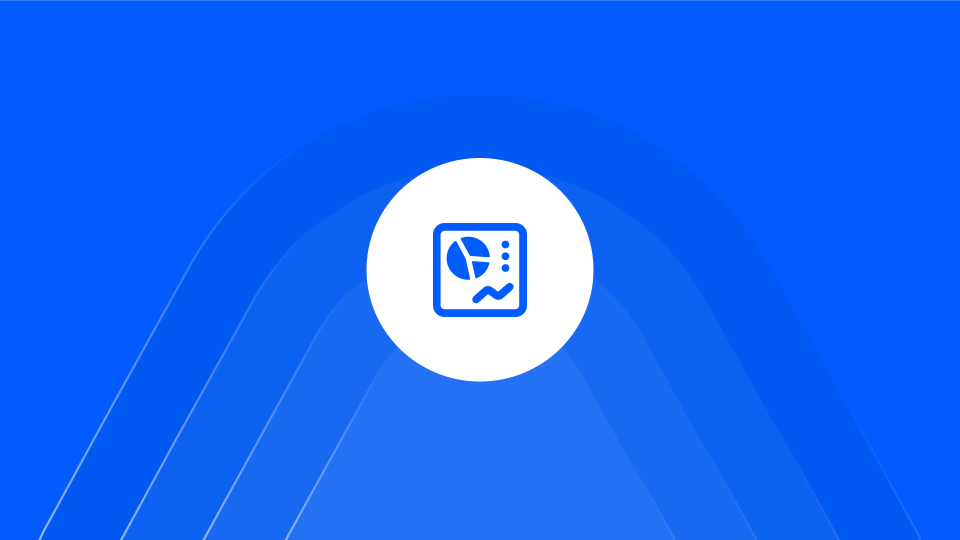 White circular icon on a blue background showing a square with graphical data elements including a pie chart and a line chart.