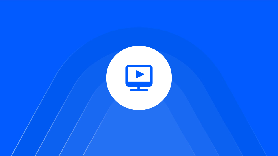 White circle in the center with a blue computer monitor icon displaying a play button, set on a bright blue background with curved concentric arcs.