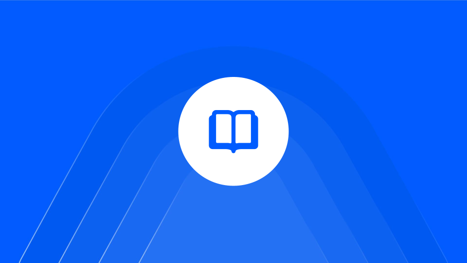 White circle with a blue open book icon in the center, on a blue background with soft arch patterns.