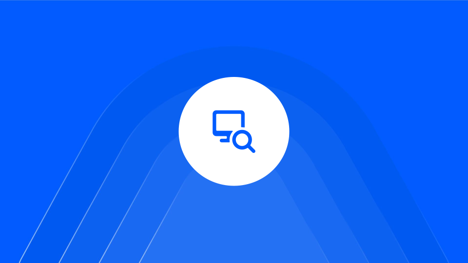 Blue background with abstract curved shapes and a white circle containing a blue computer monitor with a magnifying glass icon.