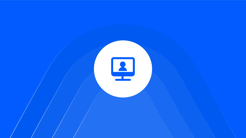 White circle with a blue icon of a computer monitor displaying a user silhouette on a blue background with layered curved shapes.