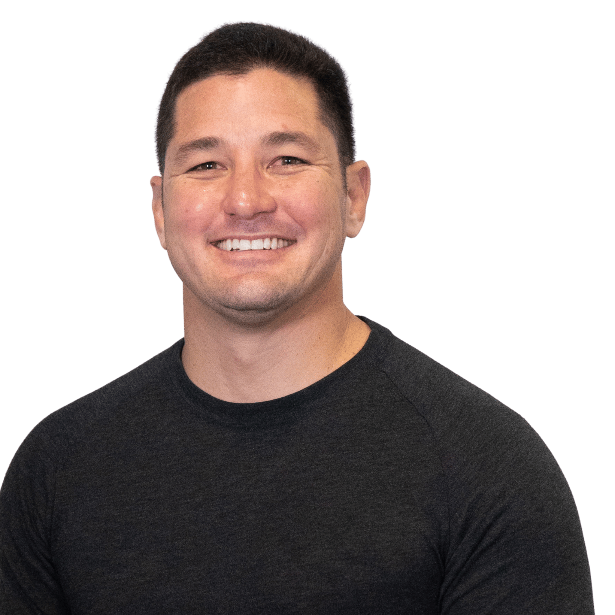 Man with short dark hair smiling, wearing a black crew-neck shirt, facing forward.