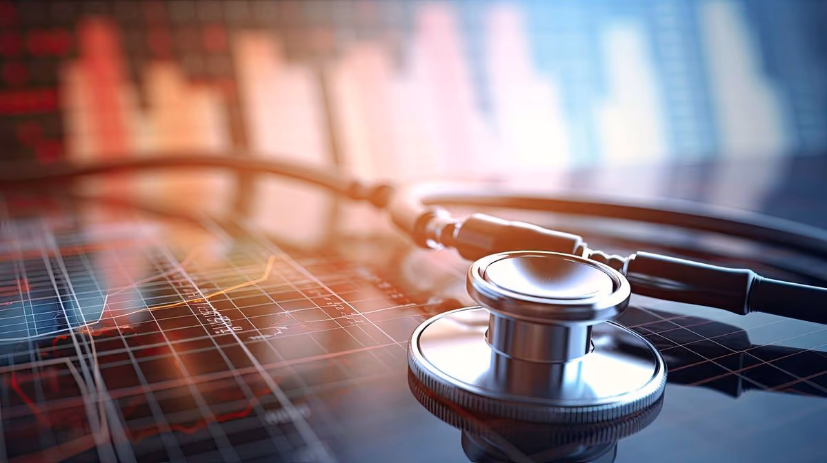 Stethoscope on a digital screen displaying colorful heart rate graphs and data.