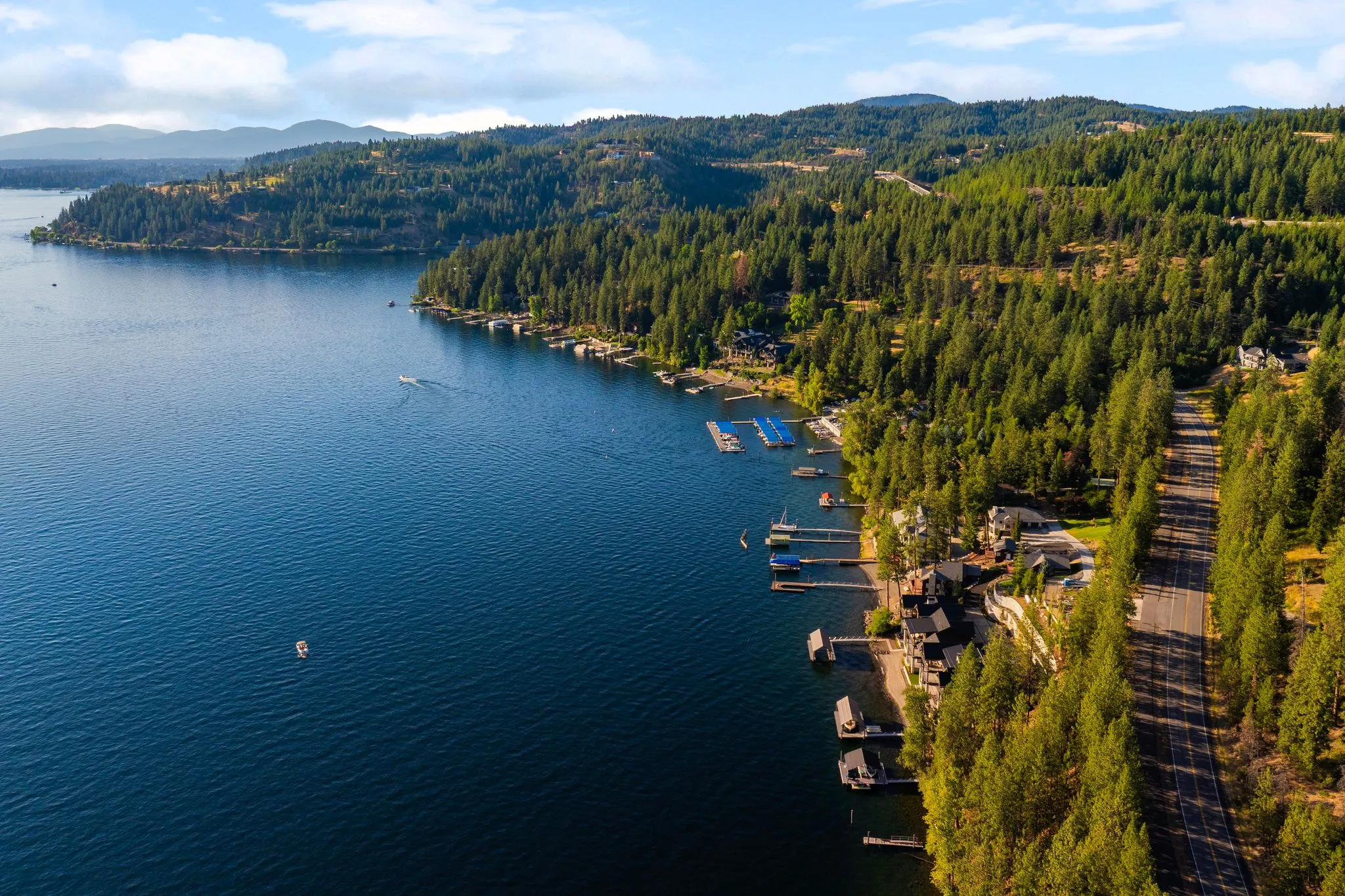 Aerial view of Lake Coeur d'Alene, Idaho at golden hour
