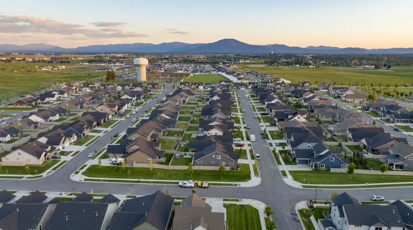 Aerial view of a Kootenai County neighborhood at dusk