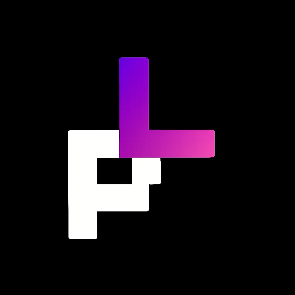 Abstract logo with white letter 'P' and gradient purple to pink letter 'L' on a black background.