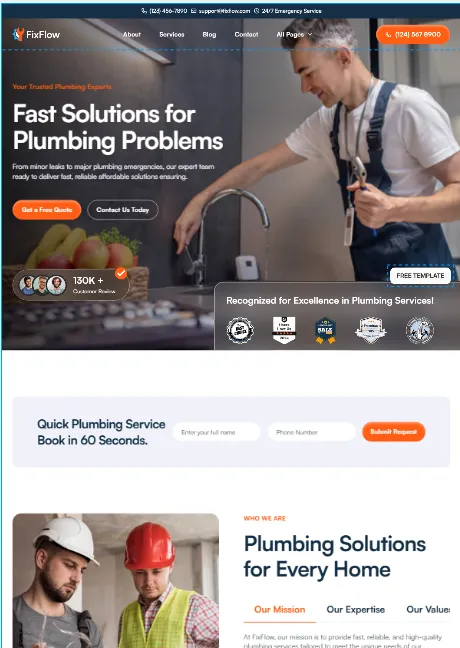 Man in apron fixing kitchen sink pipe, plumbing service website header with contact info and service highlights.