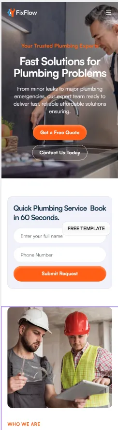 Plumber fixing a kitchen sink with text offering fast plumbing solutions and a request form below.