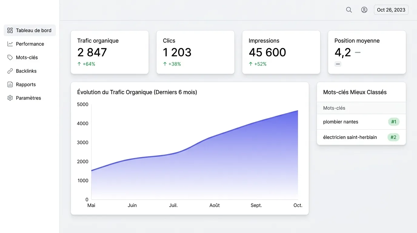 Dashboard showing organic traffic growth, clicks, impressions, average position, and top ranked keywords in French.
