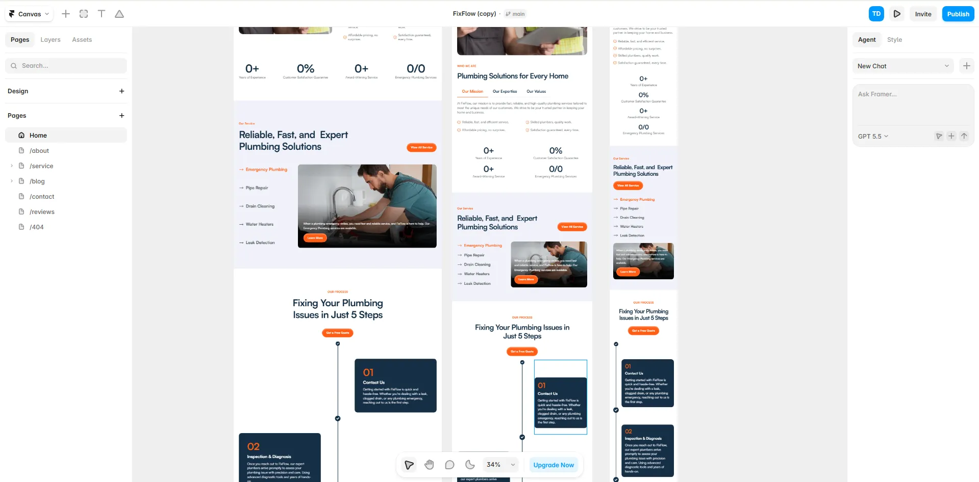User interface of a plumbing services website design showing services and a five-step plumbing fix process.