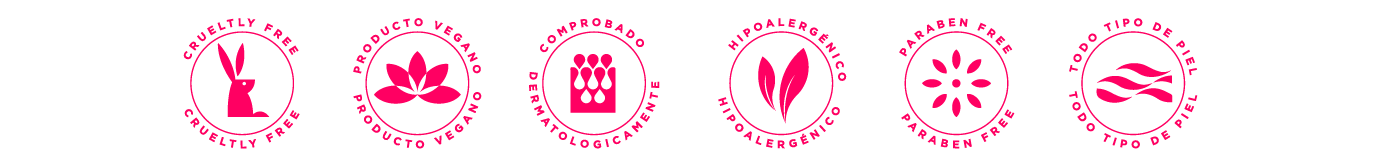 Sellos de atributos Masglo: cruelty free, producto vegano, dermatológicamente comprobado, hipoalergénico, libre de parabenos y para todo tipo de piel